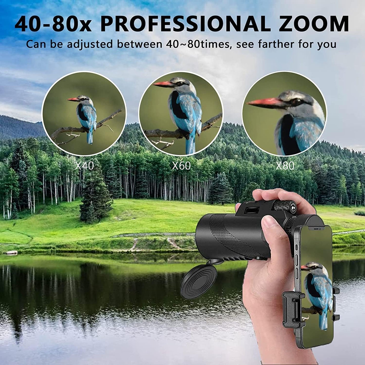 80X100 Monocular-Telescope for Adults High Powered Compact Monoculars with Smartphone Holder & Tripod, BAK4 Prism for Stargazing Hunting Hiking Travel Bird Watching Camping Wildlife Scenery