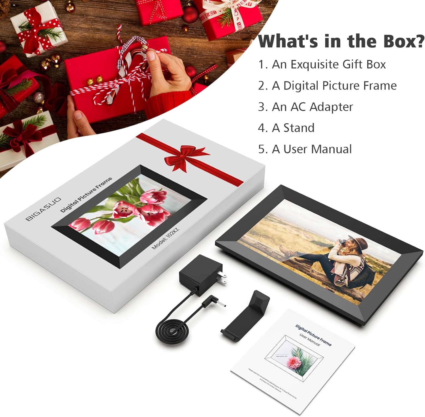 10.1 Inch Wifi Digital Picture Frame, IPS HD Touch Screen Cloud Smart Photo Frames with Built-In 32GB Memory, Wall Mountable, Auto-Rotate, Share Photos Instantly from Anywhere-Gift