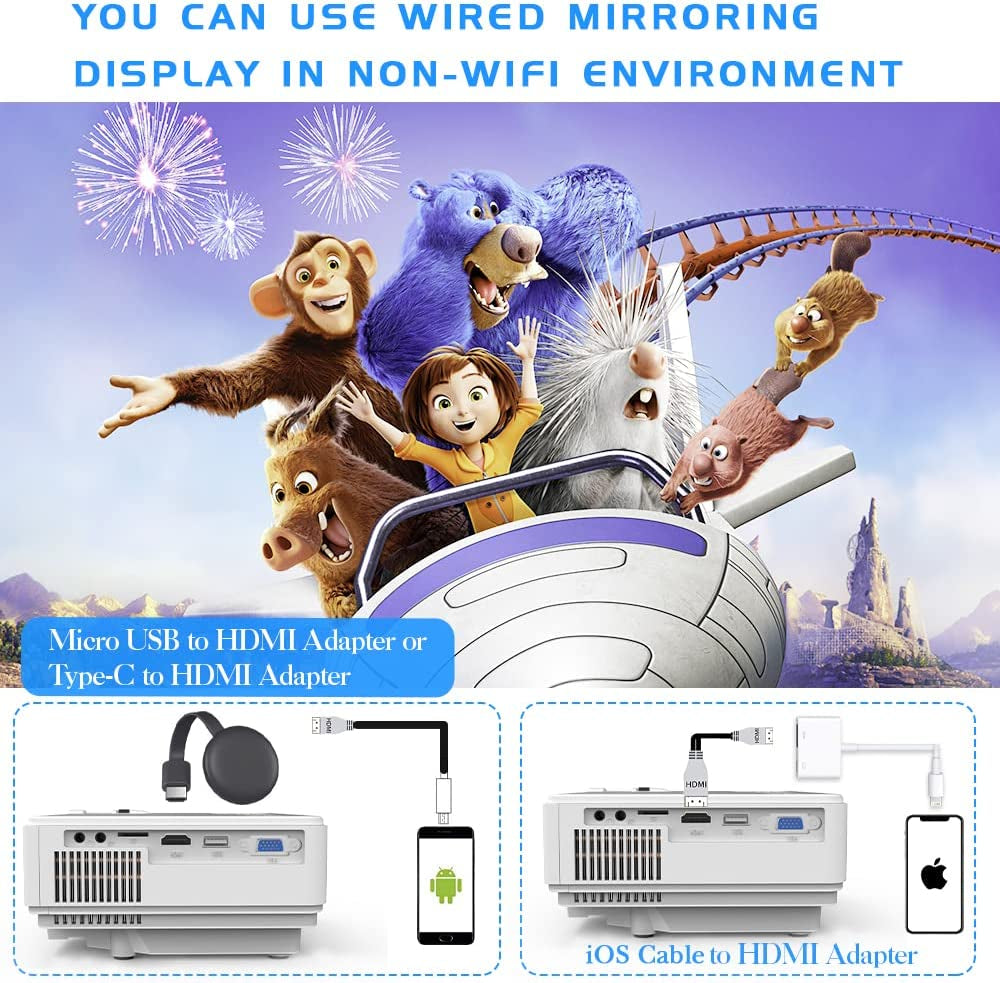 Projector with Wifi and Bluetooth, 2024 Upgrade Outdoor Projector, Mini Movie Projector Supports 1080P Synchronize Smartphone Screen by Wifi/Usb Cable for Home Entertainment