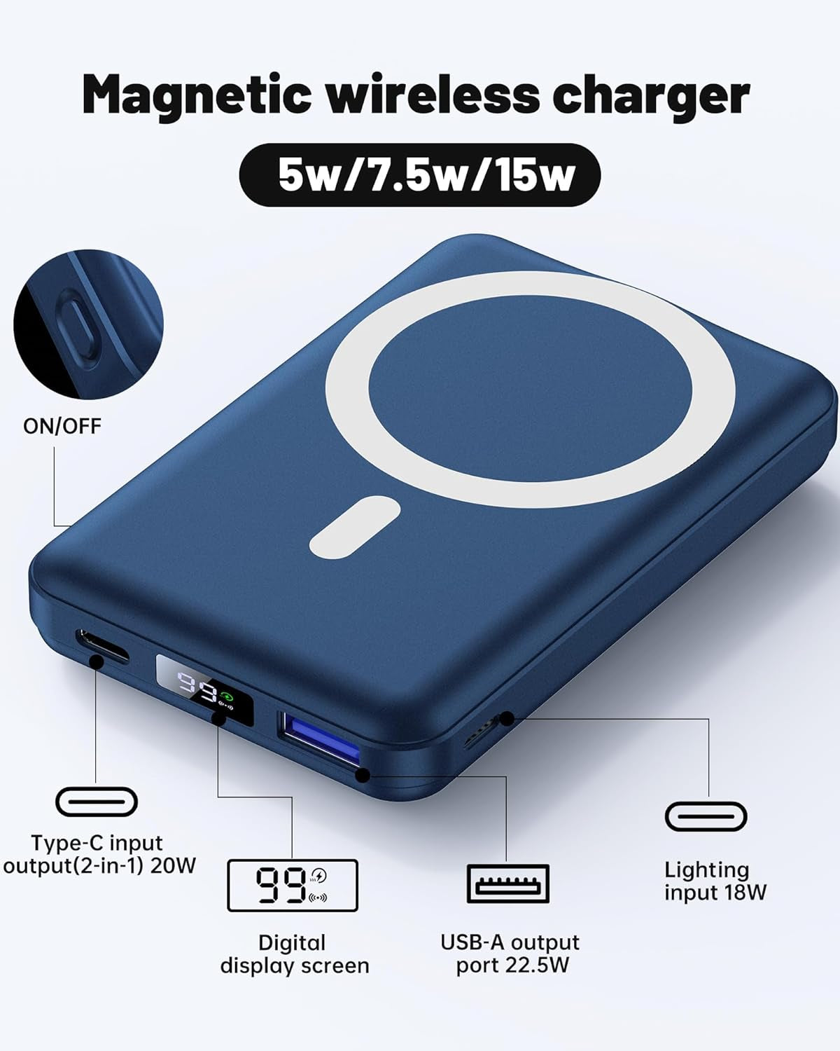 Magnetic Wireless Portable Charger, Foldable 10000Mah Battery Pack with USB-C Cable LED Display, Magnetic Power Bank 22.5W PD Fast Charging for Iphone 15/14/13/Pro/Mini/Pro Max (Blue)