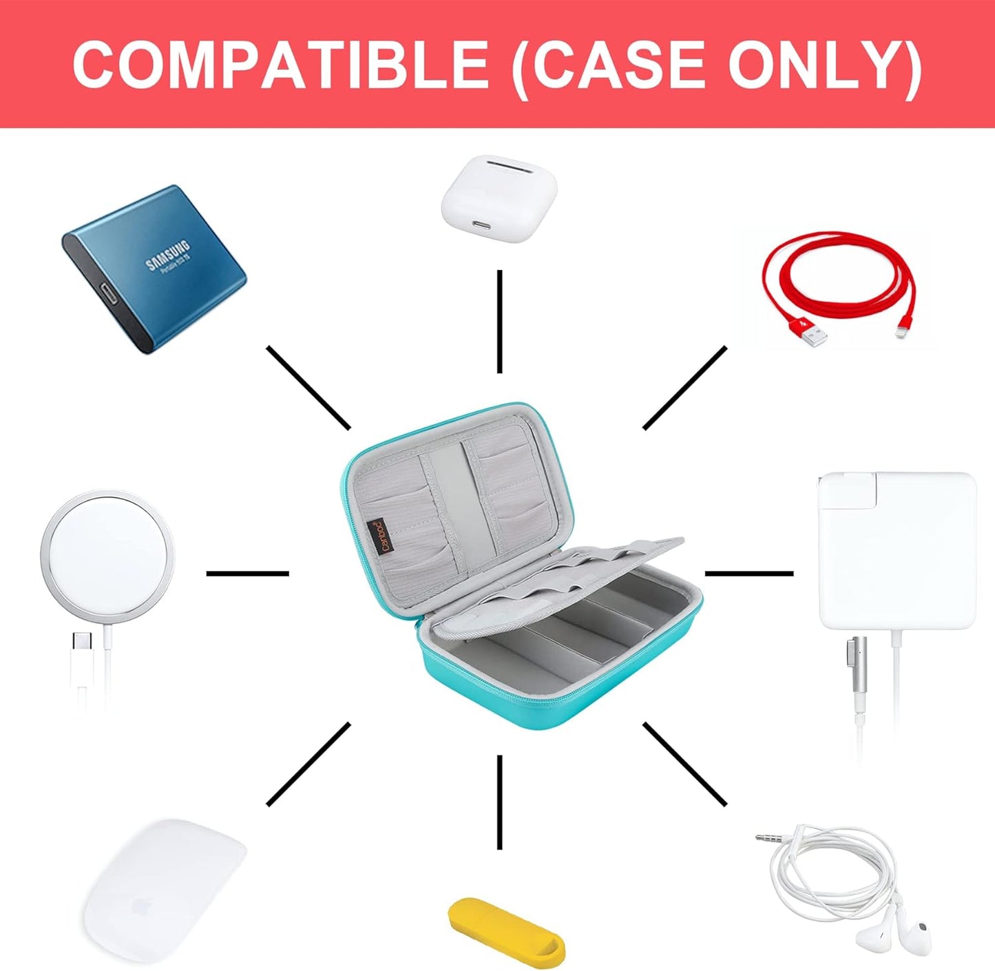 Hard Electronic Organizer Travel Case Electronics Accessories Cable Gadget Wire Storage Bag Double Layer Shockproof Box for Charger, Cord, Flash Drive, Apple Pencil, Power Bank, Turquoise