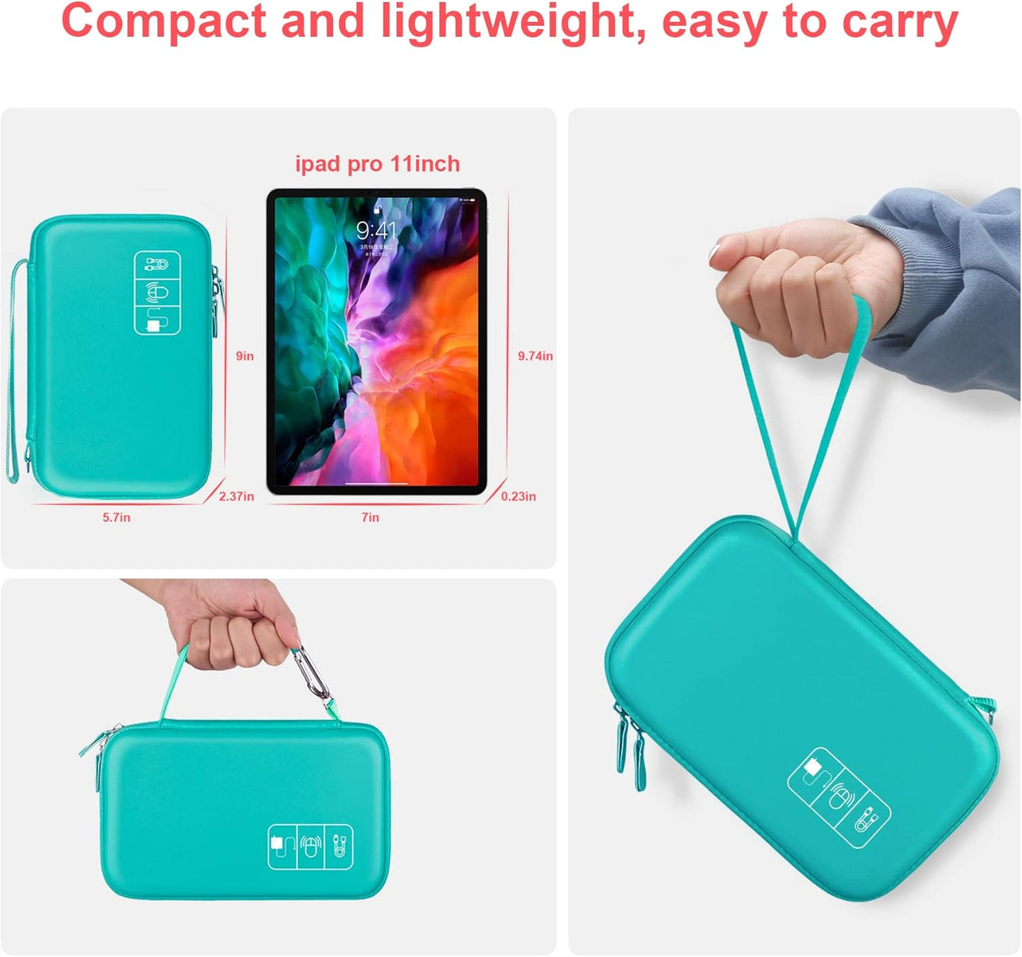 Hard Electronic Organizer Travel Case Electronics Accessories Cable Gadget Wire Storage Bag Double Layer Shockproof Box for Charger, Cord, Flash Drive, Apple Pencil, Power Bank, Turquoise