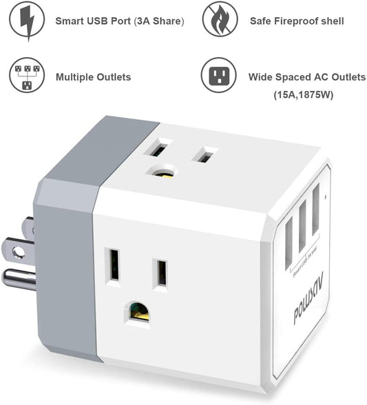 3-Outlet USB Wall Charger and Extender with 3-Way Splitter, ETL Listed - for Home, Office, Cruise Ship