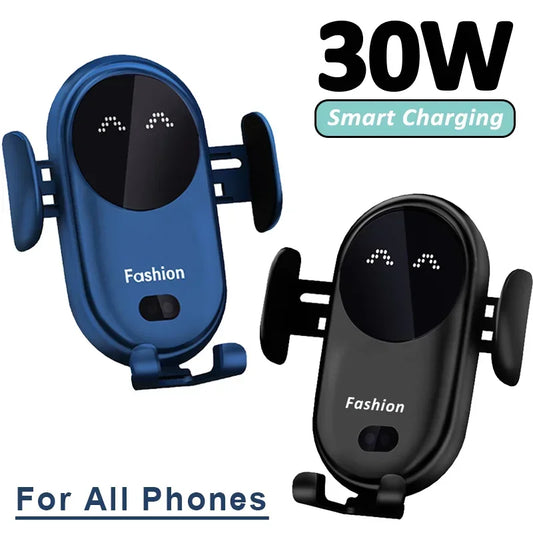 Automatic Clamping Infrared Induction Car Wireless Charger Stand with 30W Fast Charging for iPhone 11, 12, 13 Pro Max, Samsung Galaxy S20, S21 Plus